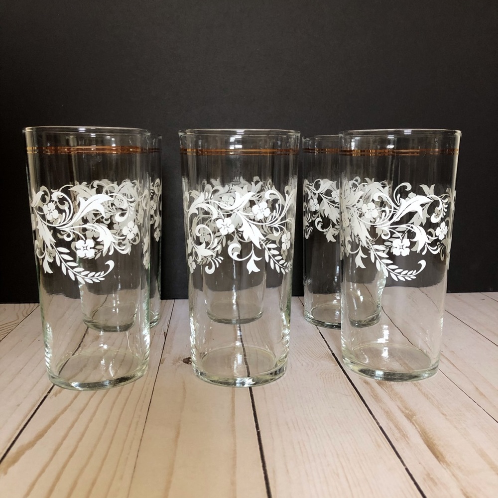 Vtg Drinking Glasses White Floral Gold Trim